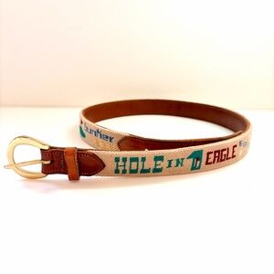 VTG DBU Needlepoint Golf Terms Belt Mens Approx SZ 36? Leather Brass Buckle